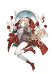  absurdres bangs bird boots brown_hair cloak commentary_request flower frilled_leotard frills full_body highres hood hooded_cloak juliet_sleeves leotard light_brown_hair little_red_riding_hood_(sinoalice) long_hair long_sleeves looking_at_viewer open_mouth pantyhose puffy_sleeves red_flower red_footwear red_rose rose shaokao_range simple_background sinoalice smile solo teeth very_long_hair white_background white_legwear yellow_eyes 