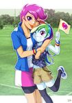  2girls age_difference blue_skin flag hug long_hair multicolored_hair multiple_girls my_little_pony my_little_pony_equestria_girls my_little_pony_friendship_is_magic navel older orange_skin personification purple_eyes purple_hair rainbow_dash rainbow_hair red_eyes scootaloo short_hair thighhighs tongue_out uotapo wink younger 
