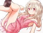  baram blonde_hair commentary dress fate/kaleid_liner_prisma_illya fate_(series) illyasviel_von_einzbern legs_up long_hair looking_at_viewer panties pantyshot pink_dress pink_panties pointing pointing_at_self red_eyes shoes short_dress simple_background sleeveless sleeveless_dress smile solo strap_slip thighs underwear white_background 