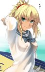  arm_up bangs blonde_hair blush bow bowtie breasts closed_mouth covered_nipples eyebrows_visible_through_hair fate/grand_order fate_(series) green_eyes grey_bow grey_neckwear hair_between_eyes highres long_sleeves looking_at_viewer medium_breasts mordred_(fate)_(all) mordred_(swimsuit_rider)_(fate) nipples ponytail school_uniform see-through serafuku shirt shiseki_hirame smile solo surfboard tan tied_shirt upper_body wet wet_clothes wet_hair 