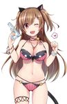  between_breasts blush breasts brown_hair earrings girls_frontline heart_ring_bottom highres jewelry large_breasts long_hair looking_at_viewer mk_23_(girls_frontline) navel necklace one_eye_closed open_mouth pink_eyes solo swimsuit water_gun white_background zhi_zhi/zu_zu 