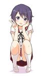  :d bangs black_ribbon blouse blush breasts buttons collarbone commentary extra eyebrows_visible_through_hair gochuumon_wa_usagi_desu_ka? hand_on_own_cheek highres hoto_cocoa's_school_uniform itamochi kneehighs loafers looking_at_viewer neck_ribbon open_mouth panties pantyshot pantyshot_(squatting) plaid plaid_skirt purple_eyes purple_hair red_sailor_collar red_skirt ribbon sailor_collar school_uniform serafuku shadow shoes short_hair short_sleeves simple_background skirt small_breasts smile solo squatting underwear upskirt v white_background white_blouse white_footwear white_legwear white_panties 