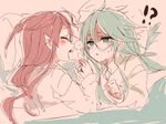  2girls ahoge alternate_costume alternate_hairstyle blush_stickers closed_eyes green_hair hands holding_hands itomugi-kun kantai_collection kawakaze_(kantai_collection) long_hair multiple_girls nose_bubble red_hair simple_background sleeping sweatdrop yamakaze_(kantai_collection) yuri 