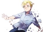  alphonse_elric blonde_hair blue_shirt dissolving eyebrows_visible_through_hair fullmetal_alchemist looking_away male_focus outstretched_hand pants puzzle_piece riru shirt shocked_eyes simple_background solo too_many white_background yellow_eyes 