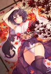  armpit_peek autumn_leaves black_hair black_legwear breasts cat floral_print genjiguruma himekaidou_hatate japanese_clothes large_breasts leaf looking_at_viewer lying natsuki_(ukiwakudasai) obi on_back pelvic_curtain pom_pom_(clothes) red_eyes sash shameimaru_aya short_hair single_sleeve solo thighhighs touhou wide_sleeves 