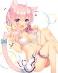  :d animal_ears bikini bikini_skirt blush bow bracelet breasts cat_ears cat_tail commentary eyebrows_visible_through_hair eyes_visible_through_hair front-tie_bikini front-tie_top garters hair_bow heart jewelry long_hair looking_at_viewer medium_breasts navel open_mouth original paw_pose pink_hair purple_eyes sazaki_ichiri smile solo swimsuit tail tail_bow 