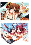  2girls absurdres animal_ears arm_support ass bag_of_chips bandeau bare_shoulders barefoot bikini blue_eyes blue_hair blush bracelet breasts brown_hair bunny_ears bunny_tail carrot carrot_hair_ornament cleavage collarbone cup downblouse drinking_straw eyebrows eyebrows_visible_through_hair fake_animal_ears feet flat_chest flower food_themed_hair_ornament frilled_bikini frills front-tie_top green_eyes hair_flower hair_ornament hairclip head_tilt hibiscus highres horizontal-striped_background huge_filesize jewelry kneehighs kneepits large_breasts leg_up long_hair looking_at_viewer lying multiple_girls on_stomach open_mouth orange_legwear plumeria polka_dot polka_dot_bikini purple_eyes purple_hair sandals scan scarf shoes shoes_removed short_hair shorts side-tie_bikini simple_background smile sneakers soles strapless striped striped_background striped_bikini striped_legwear striped_swimsuit sunflower sunflower_hair_ornament swimsuit tail tareme the_pose thigh_gap thighhighs toes tomose_shunsaku tubetop very_long_hair 