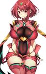  arms_behind_back bad_id bad_twitter_id blush breasts circlet cowboy_shot curvy earrings fingerless_gloves from_behind gloves highres homura_(xenoblade_2) huge_breasts jewelry looking_at_viewer navel nuezou red_eyes red_hair red_legwear short_hair short_shorts shorts simple_background skindentation smile solo thick_thighs thigh_gap thighhighs thighs tiara white_background wide_hips xenoblade_(series) xenoblade_2 