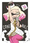  1girl ;d arm_up armpits bare_arms bare_shoulders blonde_hair cake chawalit_adsawawalanon commentary cowboy_shot crown cupcake domino_mask dress eyebrows fingerless_gloves food gloves hand_up highres hime_(splatoon) holding holding_microphone long_hair looking_at_viewer mask microphone multicolored_hair one_eye_closed open_mouth outstretched_arm pantyhose pantyhose_under_shorts pink_hair pink_legwear pointing pointing_up short_dress shorts sleeveless smile solo splatoon_(series) splatoon_2 standing symbol-shaped_pupils tentacle_hair white_dress yellow_eyes zipper zipper_pull_tab 