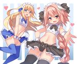  1other androgynous astolfo_(fate) bad_id bad_pixiv_id blonde_hair blue_eyes braid chevalier_d'eon_(fate/grand_order) craytm fate/apocrypha fate/grand_order fate_(series) hair_ribbon highres lingerie long_hair looking_at_viewer maid_headdress male_focus navel open_mouth otoko_no_ko outstretched_hand panties pantyshot pink_hair purple_eyes purple_hair ribbon single_braid smile thighhighs underwear 