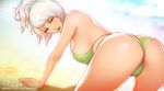  all_fours artist_name ass back bangs bare_arms bare_legs bare_shoulders beach bikini blurry blurry_background breasts day depth_of_field eyebrows_visible_through_hair folded_ponytail from_behind gradient gradient_eyes green_bikini green_eyes half-closed_eyes half_updo hanging_breasts heart league_of_legends looking_at_viewer looking_back medium_breasts multicolored multicolored_eyes nose open_mouth outdoors patreon_username pink_lady_mage pink_lips riven_(league_of_legends) sand short_ponytail silver_hair solo swept_bangs swimsuit teeth tongue trefoil upper_teeth water watermark web_address yellow_eyes 