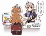  bag barcode_scanner blush bottle breasts brown_eyes cash_register cashier employee_uniform grey_hair hat italian_flag kantai_collection lawson long_hair medium_breasts mini_hat monitor multiple_girls open_mouth pantyhose plastic_bag pola_(kantai_collection) tanaka_kusao thick_eyebrows translated uniform wavy_hair wine_bottle zara_(kantai_collection) 