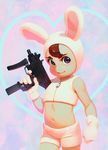  alkemanubis animal_costume animal_ears brown_hair bunny_costume bunny_ears gloves gun heart heart_background highres looking_at_viewer midriff navel original purple_eyes shorts sleeveless solo standing weapon weapon_request zipper 