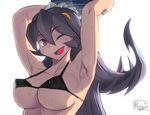  armpits bikini black_bikini black_hair breasts covered_nipples filia_(skullgirls) highres large_breasts long_hair looking_at_viewer micro_bikini one_eye_closed perky_breasts pink_eyes prehensile_hair ryuji_(red-truth) samson_(skullgirls) simple_background skullgirls smile solo sweat swimsuit underboob white_background 