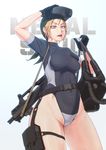  absurdres assault_rifle blonde_hair copyright_name diving_mask diving_suit earrings g36c gloves gun highres holster jewelry kasamoto_eri leotard metal_slug one-piece_swimsuit open_mouth oxygen_tank ranger_(mll0101) rifle sling swimsuit thigh_holster weapon yellow_eyes 