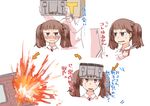  1girl admiral_(kantai_collection) alternate_hairstyle bag_on_head bangs blunt_bangs blush brown_eyes brown_hair commentary_request enjaku_izuku explosion fang highres kantai_collection mirror ryuujou_(kantai_collection) scissors sweatdrop translation_request twintails 