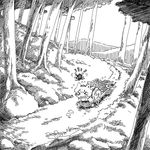  &gt;_&lt; :o bon_(rump) bush cart closed_eyes commentary cucumber forest greyscale hair_bobbles hair_ornament hat inubashiri_momiji kawashiro_nitori landscape monochrome mountain multiple_girls nature running shameimaru_aya touhou tree 