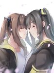  ^_^ absurdres bangs brown_hair closed_eyes closed_mouth collarbone commentary_request eyebrows_visible_through_hair facing_another from_side girls_frontline grey_hair highres hood hoodie ina_(inadiary) long_hair multiple_girls open_clothes open_hoodie scar scar_across_eye shirt siblings sidelocks simple_background sisters smile twintails ump45_(girls_frontline) ump9_(girls_frontline) upper_body white_background white_shirt 
