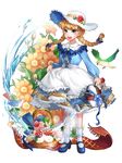  :d antweiyi basket bird black_footwear blue_dress blue_eyes bluebird bow braid dress flower hair_bow hat hat_flower highres looking_at_viewer mary_janes open_mouth shoes skirt_hold smile socks solo standing twin_braids water watering_can white_hat white_legwear 