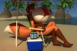  3d_(artwork) anthro anthroanim beach big_breasts breasts canine clothed clothing colossal_kimberly cooler digital_media_(artwork) female fox hair huge_breasts hyper hyper_breasts mammal outside red_hair seaside sitting sky smile solo swimsuit water 