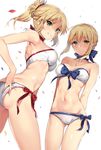  armpit_peek arms_behind_back artoria_pendragon_(all) ass ass_visible_through_thighs bangs bare_arms bare_shoulders beads bikini blonde_hair blue_bow blue_ribbon blush bow bow_bikini braid breasts collarbone cowboy_shot eyebrows_visible_through_hair fate/apocrypha fate/stay_night fate_(series) french_braid from_below green_eyes grin groin hair_beads hair_ornament hair_ribbon hand_under_clothes hand_under_swimsuit highres long_hair looking_at_viewer looking_down medium_breasts mordred_(fate) mordred_(fate)_(all) multiple_girls navel neck_ribbon petals ponytail red_bow ribbon saber side-tie_bikini smile stomach swimsuit white_background white_bikini yuran 