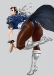  1girl ass bonten boots breasts capcom china_dress chinese_clothes chun-li cleavage curvy double_bun dress female full_body highres huge_ass jumping large_breasts looking_at_viewer looking_back shiny solo street_fighter thick_thighs thighs wide_hips 