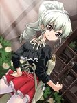  alternate_hairstyle anchovy anzio_(emblem) bangs black_shirt broom bush casual closed_mouth cowboy_shot day drill_hair dutch_angle emblem frilled_skirt frills from_behind girls_und_panzer green_hair hair_ribbon hand_on_hip holding jpeg_artifacts long_hair long_sleeves looking_at_viewer looking_back miniskirt outdoors ponytail r-ex red_eyes red_skirt ribbon shirt skirt smile solo standing sunlight 