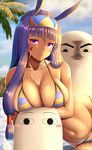  blush breast_press breasts cloud dark_skin day earrings facial_mark fate/grand_order fate_(series) hairband highres jewelry large_breasts looking_at_viewer lying medjed navel nitocris_(fate/grand_order) on_side palm_tree purple_eyes purple_hair skindentation sky smile tree wet zukky 