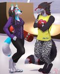  4_toes 5_fingers anthro barefoot black_hair blakc_nose breasts canine clothed clothing detailed_background digitigrade dog duo female fox fur grey_fur hair kero_tzuki male mammal red_nose standing toes 