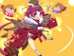  1girl apron bare_legs benienma_(fate/grand_order) bird bird_hat bird_tail comic commentary_request fate/grand_order fate_(series) feather_trim geta hand_on_hip hat long_sleeves looking_at_viewer onsen_symbol open_mouth ponytail purple_eyes red_hair sako_(bosscoffee) sheath sheathed short_hair smile swallow sword tabi translation_request weapon wide_sleeves wings yellow_background 