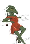  2015 anthro bar_stool breasts claws clothed clothing counter cup dress female footwear head_spines high_heels reclining reptile scalie shoes simple_background sitting slit_pupils solo stool tggeko white_background 
