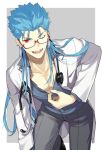  1boy black_pants blue_hair cu_chulainn_(fate/grand_order) doctor earrings fate/grand_order fate_(series) glasses jewelry labcoat lancer long_hair looking_at_viewer male_focus natsuko_(bluecandy) open_mouth pants pectorals red_eyes self_exposure simple_background smile solo stethoscope 