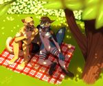  2013 4_toes 5_fingers anthro barefoot black_hair canine cat clothed clothing day detailed_background digitigrade duo featureless_crotch feline fox grass green_eyes hair kero_tzuki male mammal navel nude outside smile toes topless tree 