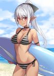  1girl armband bikini breasts choker cleavage closed_mouth cloud cloudy_sky contrapposto cowboy_shot dark_elf day earrings elf eyebrows_visible_through_hair jewelry large_breasts long_hair original outdoors pointy_ears ponytail red_eyes saiste side-tie_bikini silver_hair sky smile solo striped striped_bikini surfboard swimsuit 