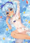  armpits bikini bikini_skirt blue_bow blue_eyes blue_hair blush bow breasts cirno food food_in_mouth front-tie_top hair_bow halter_top halterneck highres ice ice_wings looking_at_viewer lying mouth_hold navel one-piece_tan partially_submerged popsicle shiny shiny_hair shiny_skin small_breasts solo string_bikini swimsuit tan tanline tanned_cirno touhou water white_bikini wings yayoichi_(yoruyoru108) 