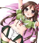  amagi_(kantai_collection) boots breasts brown_eyes brown_hair flower hair_between_eyes hair_flower hair_ornament kantai_collection large_breasts leaf_hair_ornament long_hair looking_at_viewer lying midriff mole mole_under_eye open_mouth ponytail shiraishi_mamim skirt solo thigh_boots thighhighs 