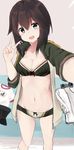  :d absurdres black_eyes black_hair bow bow_bra bow_panties bra breasts cleavage clothes_on_floor hayasui_(kantai_collection) highres jacket kantai_collection medium_breasts open_clothes open_jacket open_mouth panties reaching_out self_shot short_hair smile solo track_jacket underwear v yuki_(yukin0128) 