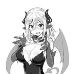  animal_ears bangs blush breasts cleavage collar covered_navel covered_nipples demon_girl demon_horns demon_tail demon_wings elbow_gloves eyebrows_visible_through_hair gloves greyscale hair_between_eyes hands_up heart heart-shaped_pupils horns large_breasts long_hair looking_at_viewer monochrome nose_blush open_mouth original simple_background smile solo succubus suggestive_fluid symbol-shaped_pupils tail upper_body wings zaxwu 
