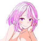  bangs blush breasts cleavage closed_mouth collarbone commentary_request eyebrows_visible_through_hair hands_on_own_cheeks hands_on_own_face large_breasts looking_at_viewer nude original pink_eyes pink_hair simple_background sketch smile solo white_background zaxwu 