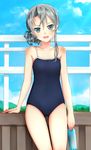  1girl :d ass_visible_through_thighs asymmetrical_hair blue_eyes bottle commentary_request competition_school_swimsuit cowboy_shot day flat_chest kantai_collection looking_at_viewer nowaki_(kantai_collection) one-piece_swimsuit open_mouth partial_commentary silver_hair sky smile solo swimsuit water_bottle 