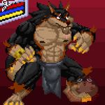  2017 5_fingers abs animated anthro black_hair black_skin blinking brown_nose brown_skin bulge canine claws eyebrows hair hungothenomster james_auvereign loop low_res male mammal multicolored_skin muscular nipples no_sound penis_outline pose sharp_teeth solo standing teeth were werewolf yellow_eyes 