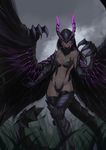  armor black_hair breasts claws dark dragon_horns dragon_tail dragon_wings glowing glowing_wings gore_magala grass highres horns less long_hair looking_at_viewer medium_breasts monster_girl monster_hunter navel no_eyes open_hands personification scale_armor scales simple_background smile solo standing tail wings 