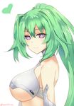  arm_at_side artist_name bare_shoulders blush breasts eyebrows_visible_through_hair from_side green_hair green_heart hair_between_eyes heart high_ponytail highres large_breasts long_hair looking_at_viewer neptune_(series) ponytail purple_eyes sendrawz signature solo symbol-shaped_pupils twitter_username upper_body very_long_hair white_background 