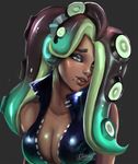  aqua_hair artist_logo artist_name asymmetrical_hair bare_arms bare_shoulders breasts cleavage collared_vest dark_skin eyebrows eyeliner glowing hair_over_one_eye half-closed_eyes head_tilt headphones high_collar iida_(splatoon) lips long_hair looking_at_viewer makeup mary_montes medium_breasts mole mole_under_mouth multicolored_hair octarian open_clothes open_vest parted_lips patreon_username purple_hair shiny shiny_clothes shiny_hair shiny_skin simple_background solo splatoon_(series) splatoon_2 suction_cups tentacle_hair unzipped upper_body vest watermark zipper 