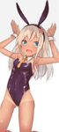  :d animal_ears black_hairband blonde_hair blue_eyes bunny_ears bunny_pose bunnysuit detached_collar fake_animal_ears flower hair_flower hair_ornament hairband highres kantai_collection kure_(kure_ng) leotard long_hair open_mouth pink_flower ro-500_(kantai_collection) smile solo tan tanline wrist_cuffs 