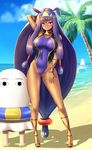  absurdly_long_hair arm_up armpits ass_visible_through_thighs beach blush breasts covered_navel dark_skin day fate/grand_order fate_(series) full_body highres long_hair looking_at_viewer low-tied_long_hair medium_breasts medjed nitocris_(fate/grand_order) one-piece_swimsuit palm_tree purple_eyes purple_hair raised_eyebrows surfboard surfing swimsuit thighs tree very_long_hair zukky 