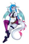 2016 absurd_res anthro bandage belt blue_hair blue_skin blue_tongue boots bra braided_hair breasts bullet clothed clothing digital_media_(artwork) dragon english_text female footwear grey_scales hair hi_res horn jinx_(lol) league_of_legends legwear long_hair membranous_wings one_eye_closed pose purple_eyes riot_games scales scalie signature simple_background sitting slit_pupils smile solo text tongue tongue_out underwear video_games white_background white_scales wide_hips wings wink xenchiiru yellow_sclera 