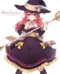  bare_shoulders breasts cleavage copyright_request detached_collar detached_sleeves dress hat long_hair looking_at_viewer medium_breasts red_eyes red_hair solo staff standing tefun_(tehun) witch_hat 