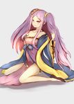  1girl bare_shoulders blush breasts dress fate/grand_order fate_(series) hair_ornament long_hair pink_eyes purple_hair ribbon shoes smile twintails wu_zetian_(fate/grand_order) 