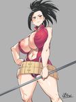  angry areola_slip areolae bangs bare_arms bare_legs bare_shoulders belt beltskirt black_eyes black_hair blush boku_no_hero_academia breast_squeeze breasts center_opening cleavage closed_mouth covered_nipples cowboy_shot curvy from_below glaring grey_background halterneck hand_on_hip high_ponytail highres hips holding holding_staff holding_weapon huge_breasts large_areolae legs_apart leotard looking_at_viewer looking_down medium_hair navel obui ponytail puffy_nipples red_leotard simple_background solo staff standing thick_thighs thighs turtleneck v-shaped_eyebrows weapon wide_hips wide_ponytail yaoyorozu_momo 
